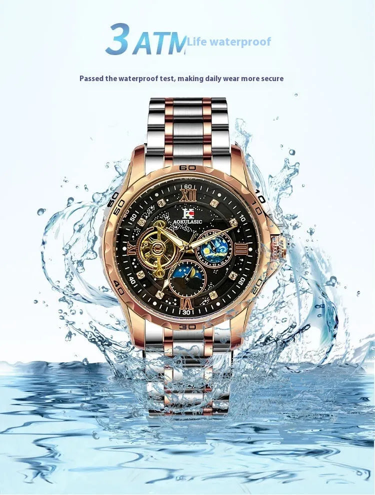 Men's automatic mechanical watch with rose gold case and black dial showing 12mm thickness