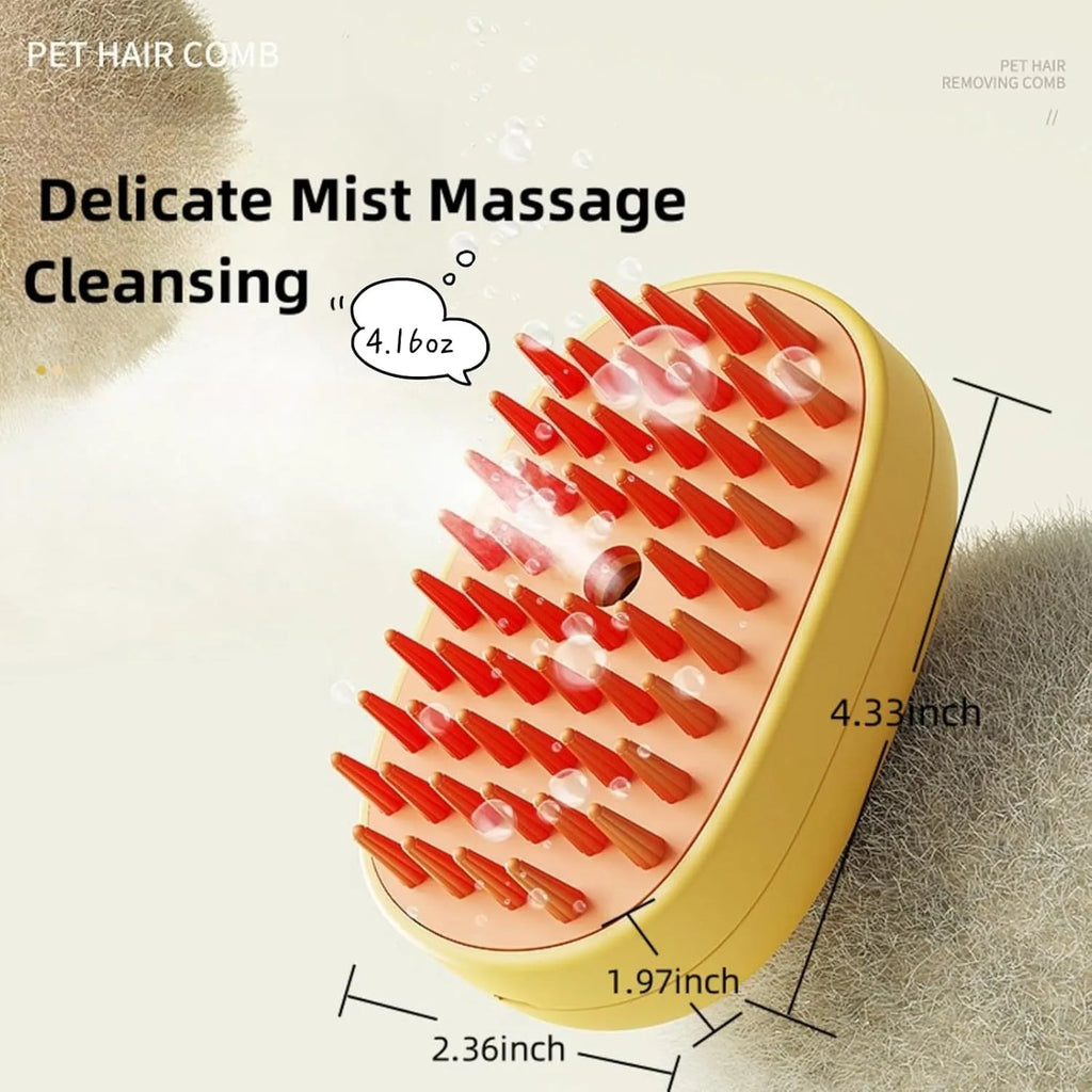 White rechargeable steam pet brush with rubber comb teeth and water tank for grooming dogs and cats.