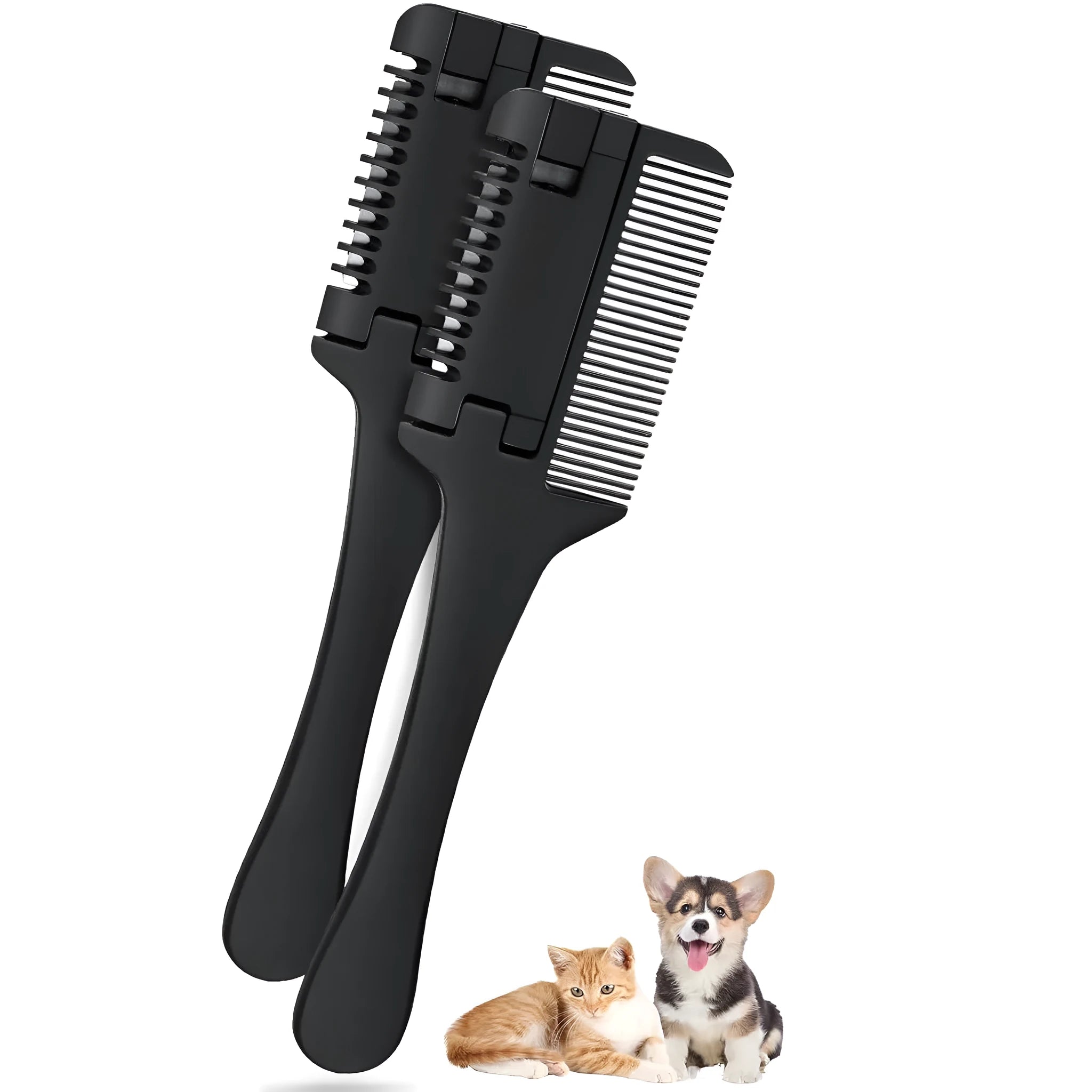 Pet razor comb for dogs and cats with built-in trimming blade and spare blades.