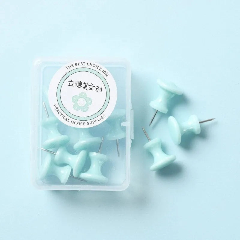 Box of plastic push pins in macaron colours - cherry blossom pink, mint green and lavender