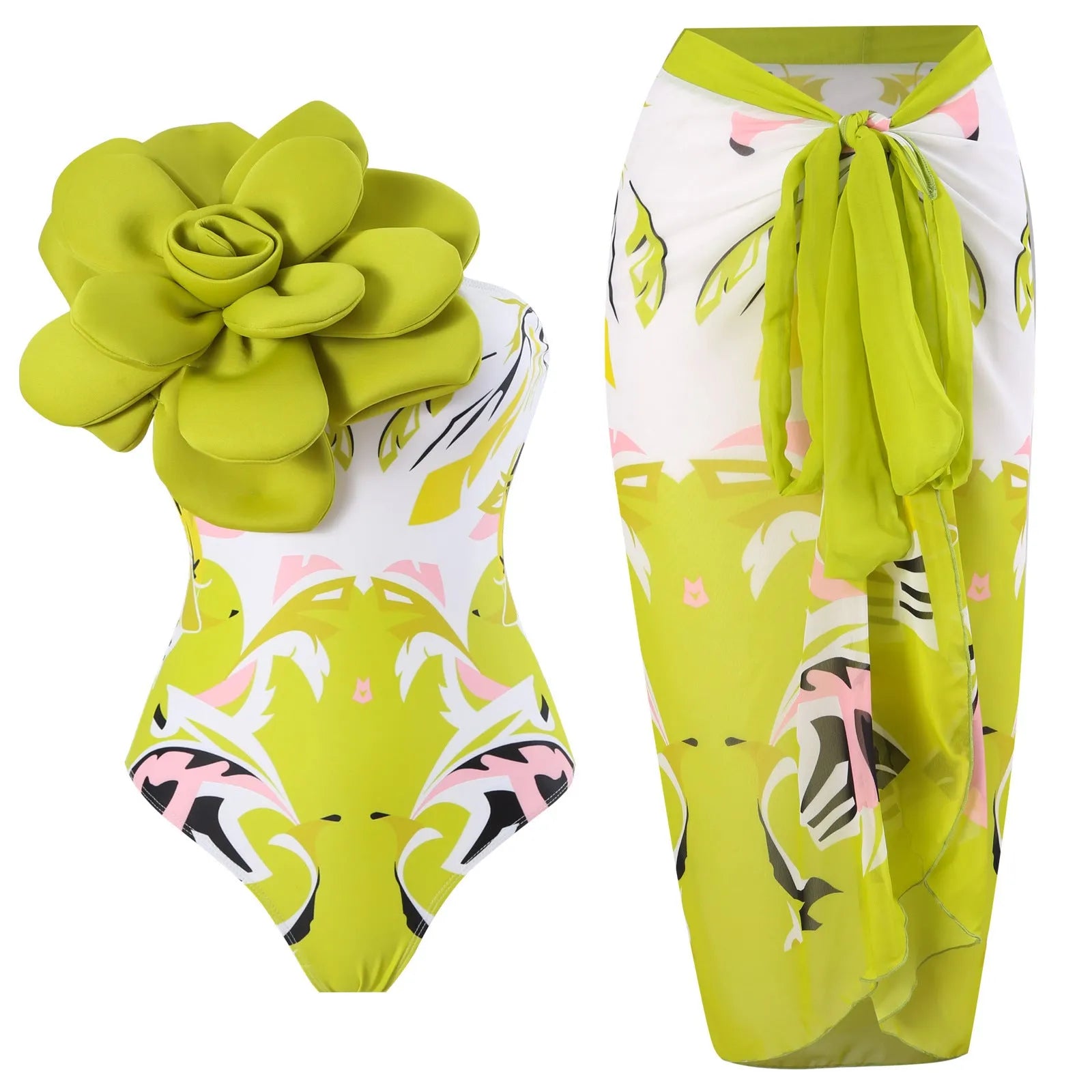 Women's one-piece swimsuit with matching printed gauze skirt set for swimming holidays