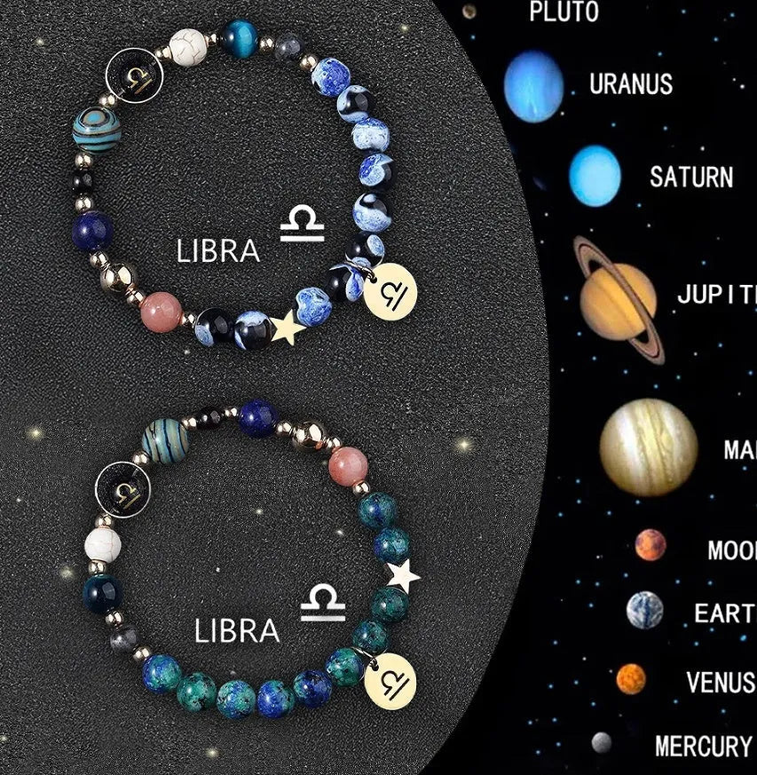 Set of two natural stone beaded zodiac bracelets on a stretch elastic cord.