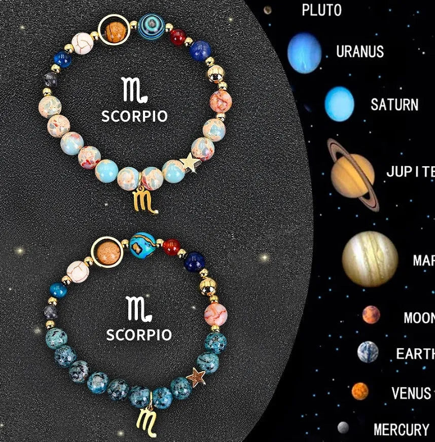 Set of two natural stone beaded bracelets for twelve zodiac signs on a wooden surface.