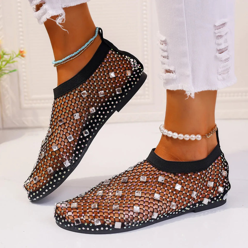 Women's colourful rhinestone mesh flat sandals with round toe and medium height upper