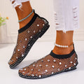 Women's colourful rhinestone mesh flat sandals with round toe and medium height upper