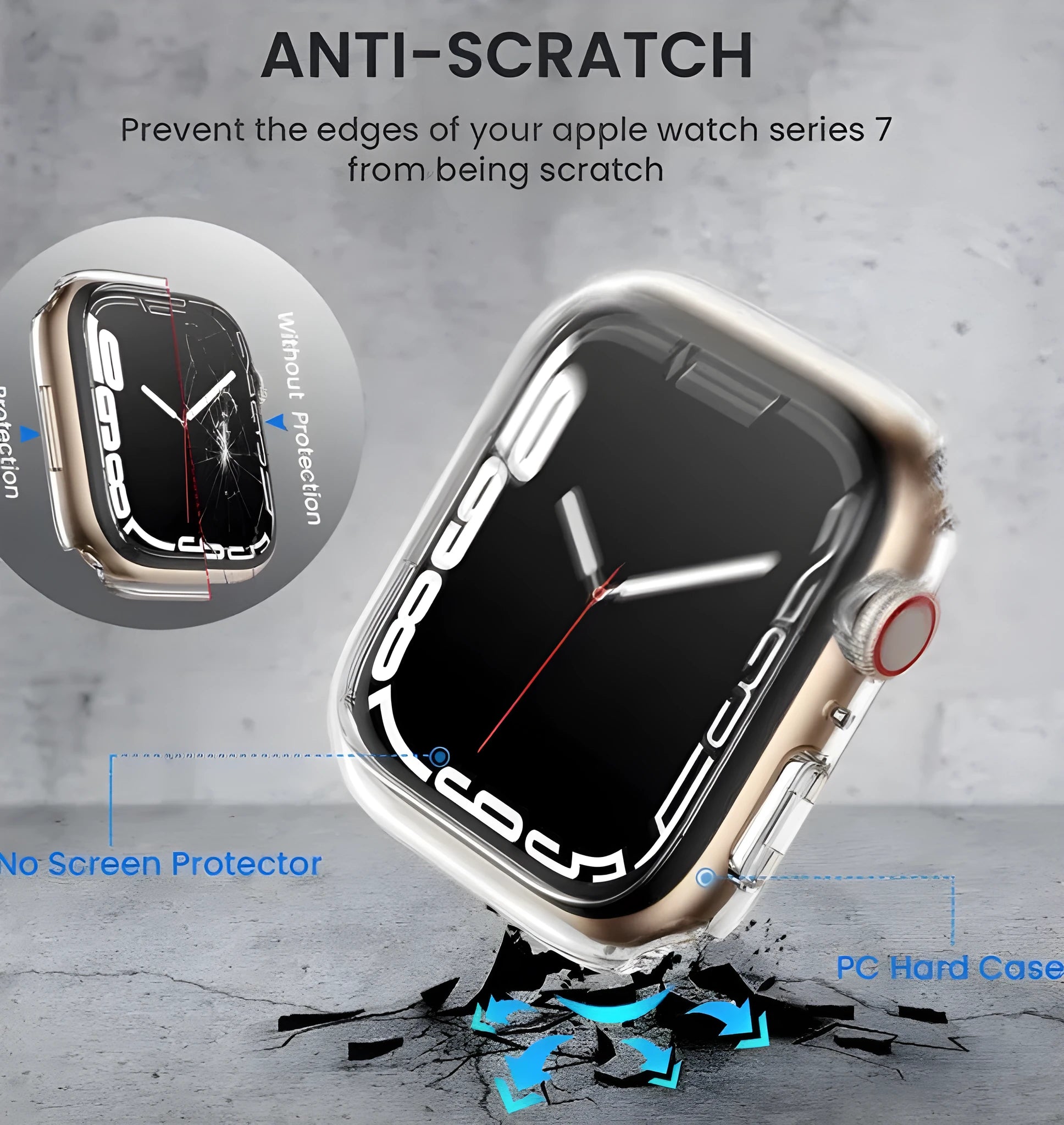 PC tempered film replacement case for Apple Watch in various colours and sizes on display.