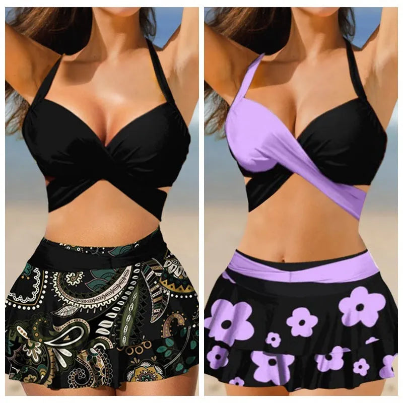 Women's purple bikini swimsuit with matching skirt showing high-waisted lace-up back design