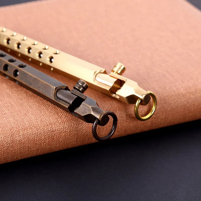 Brass hexagon bolt pen with six-angle design and 0.5mm tip, shown with brass natural and retro black ink options.