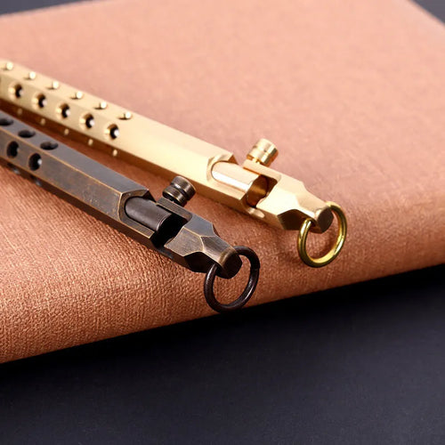 Brass hexagon bolt pen with six-angle design and 0.5mm tip, shown with brass natural and retro black ink options.
