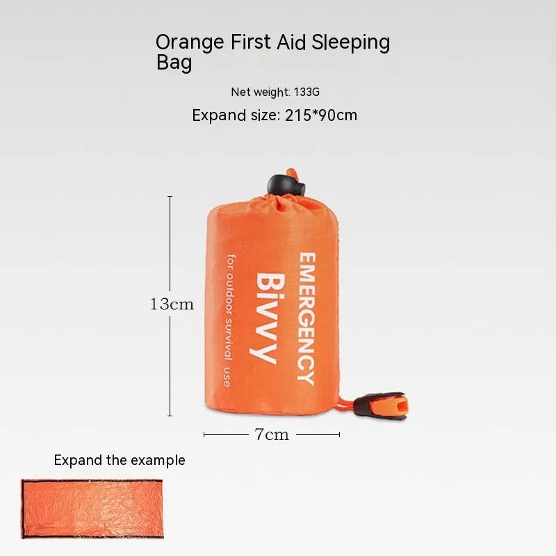 Portable orange emergency tent with sleeping bag and whistle for disaster relief camping