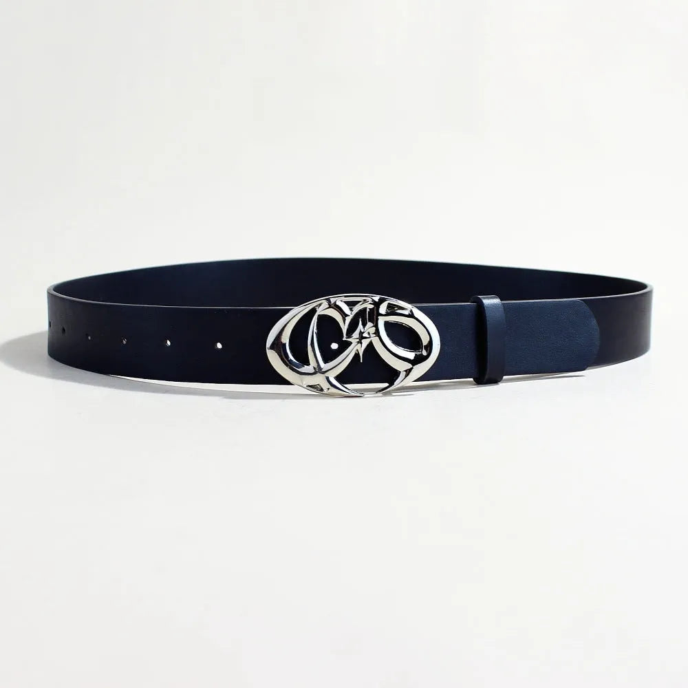 Silver alloy buckle on 3.3cm wide PU leather belt showing snap button fastening