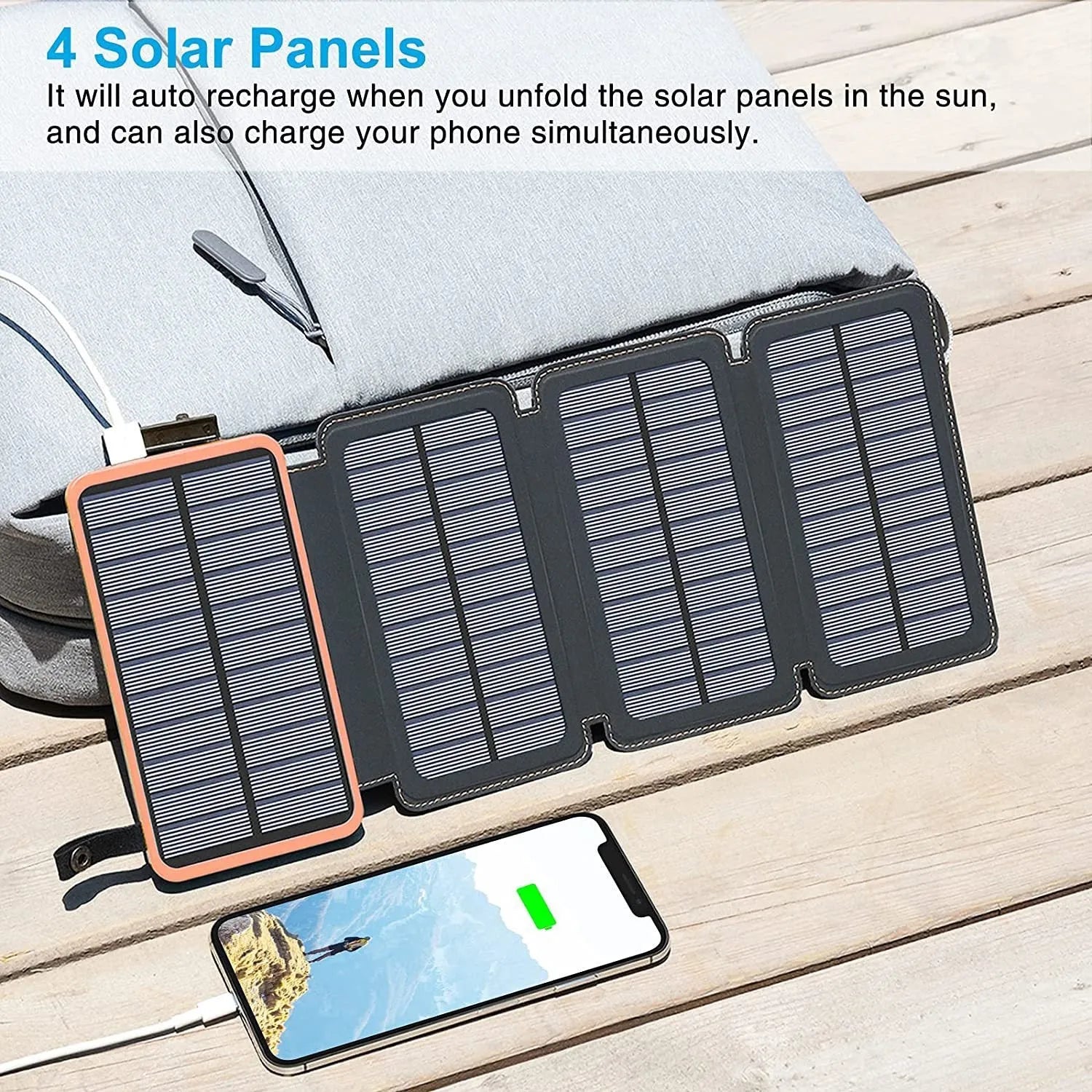 Rainproof solar power bank with monocrystalline panel and LED light in black colour