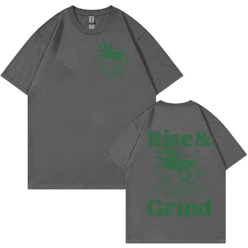 Men's black linen T-shirt with 'Rise And Grind Green Coffee' cartoon and text print in a loose fit