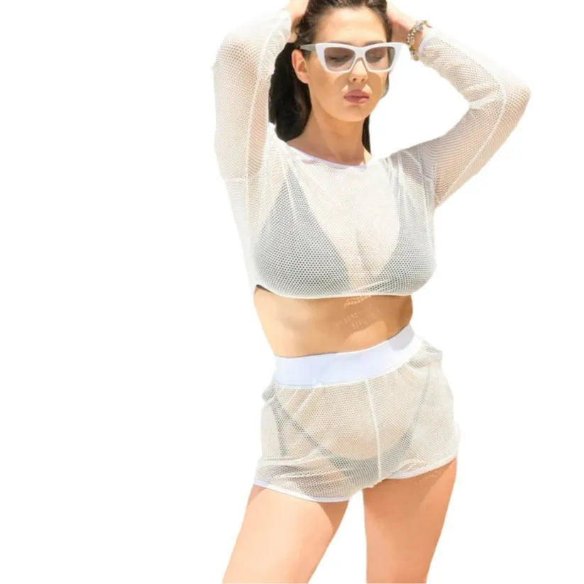 White transparent mesh women's beach swimsuit with adjustable straps and matching skirt