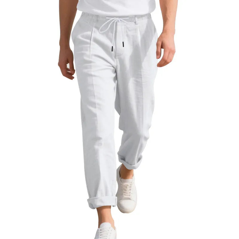 Men's casual linen trousers in light khaki colour with drawstring waist and straight leg