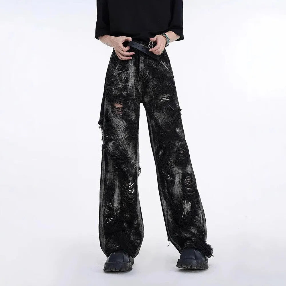 Men's denim jacket and pants set in American graffiti style with heavyweight washed fabric