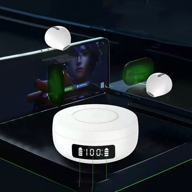 Mini small semi-in-ear wireless headphones in black, blue, or white with a matching charging case.