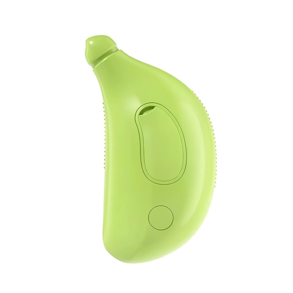 Green rechargeable cat steam brush with round teeth and cat paw ends for grooming