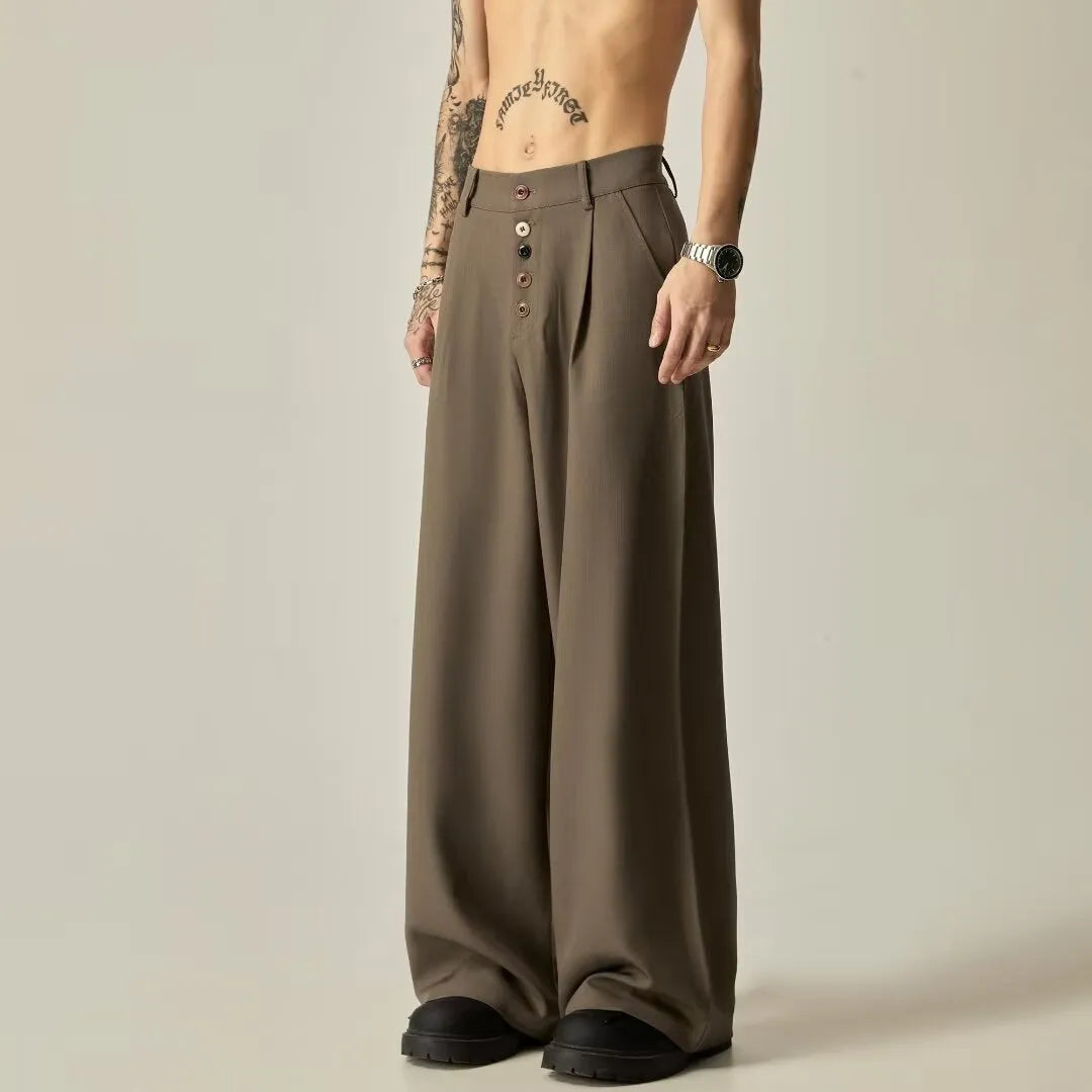 Men's black wide-leg casual trousers with straight cut and button fly detail
