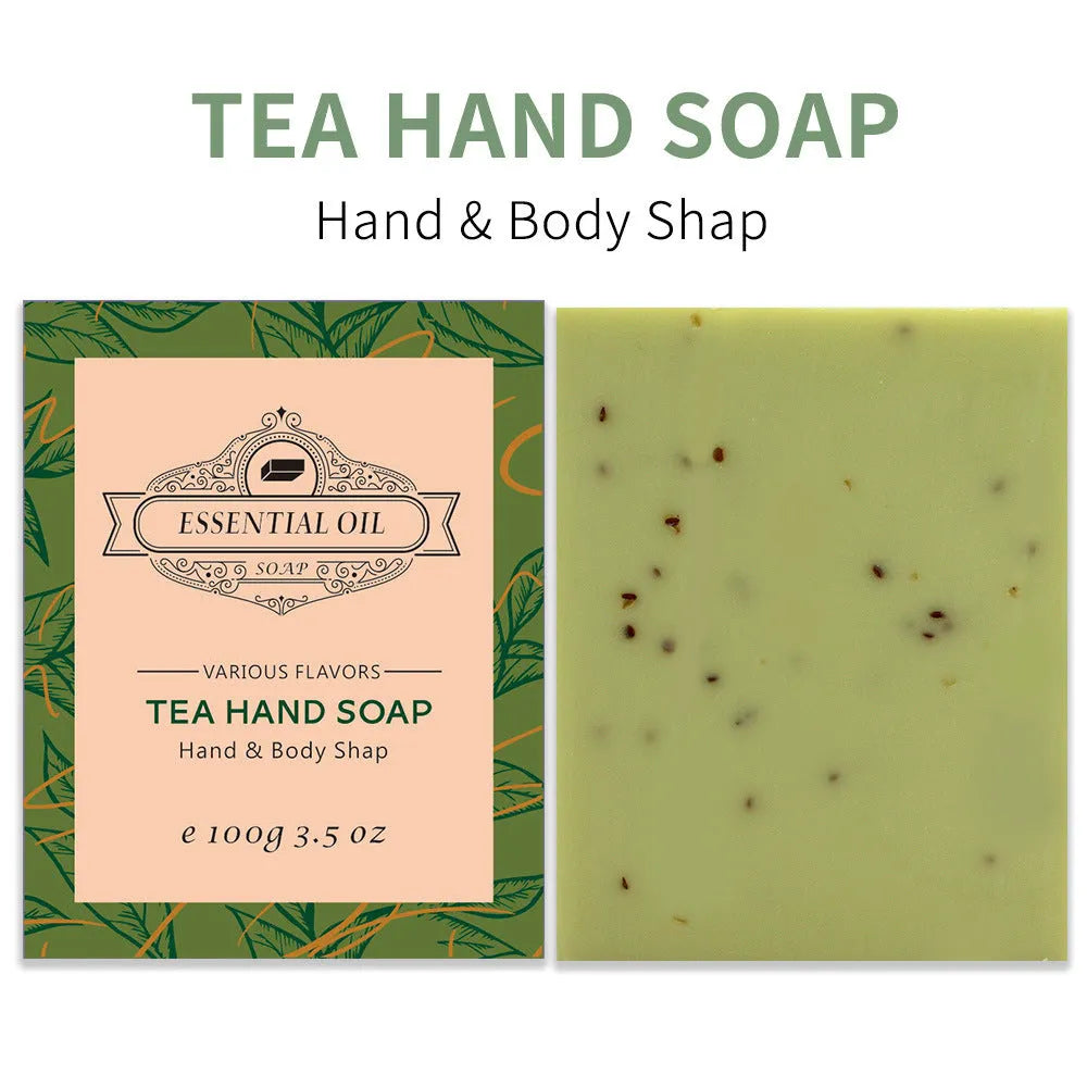 Handmade frosted essential oil soap bar in botanical scents like lavender and green tea, 100g.
