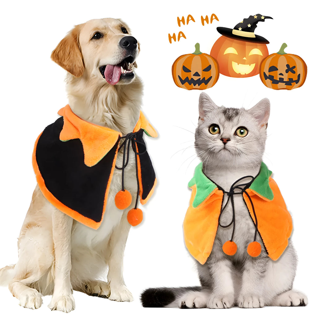 Orange plush Halloween pumpkin cloak for a dog or cat, shown in size M.