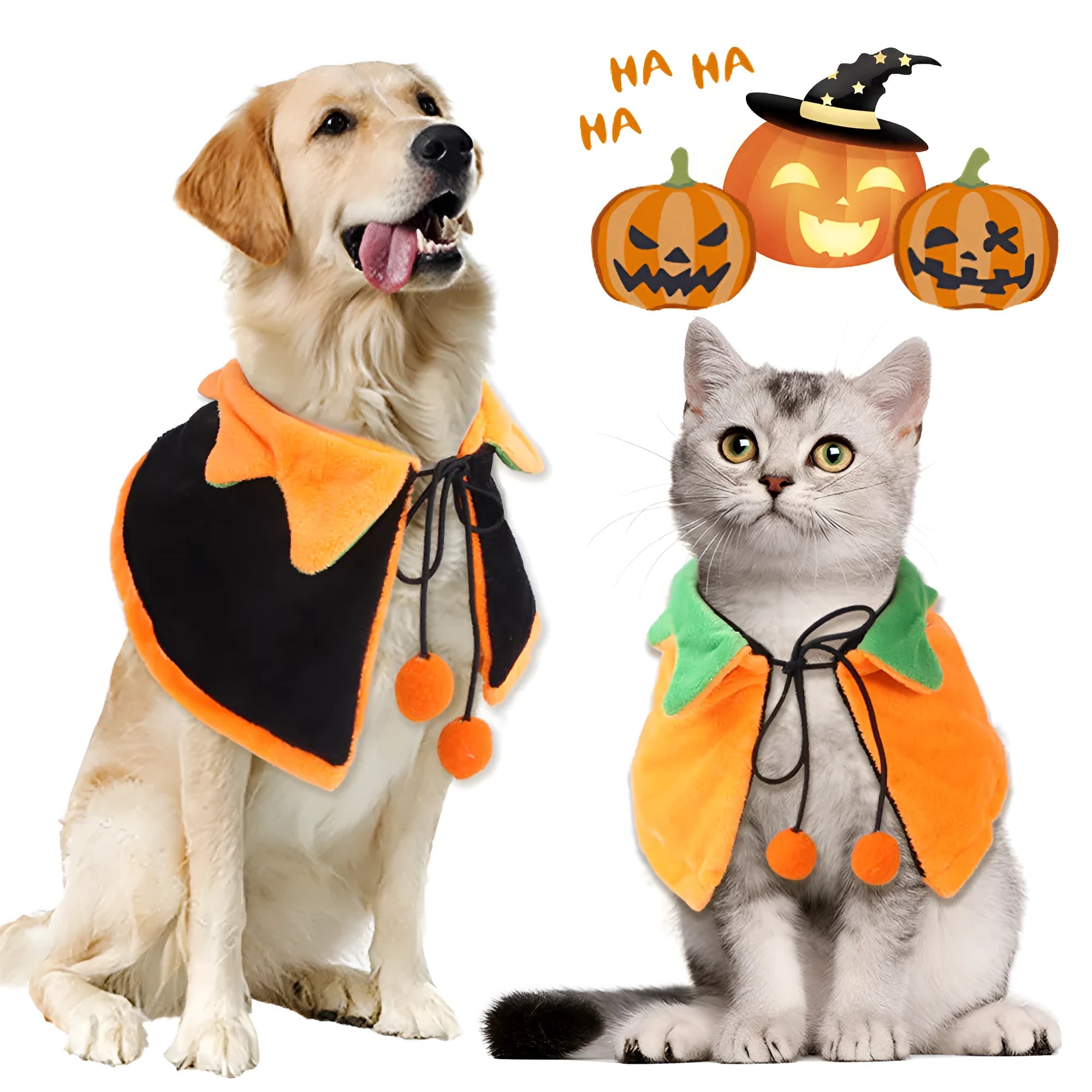 Orange plush Halloween pumpkin cloak for a dog or cat, shown in size M.