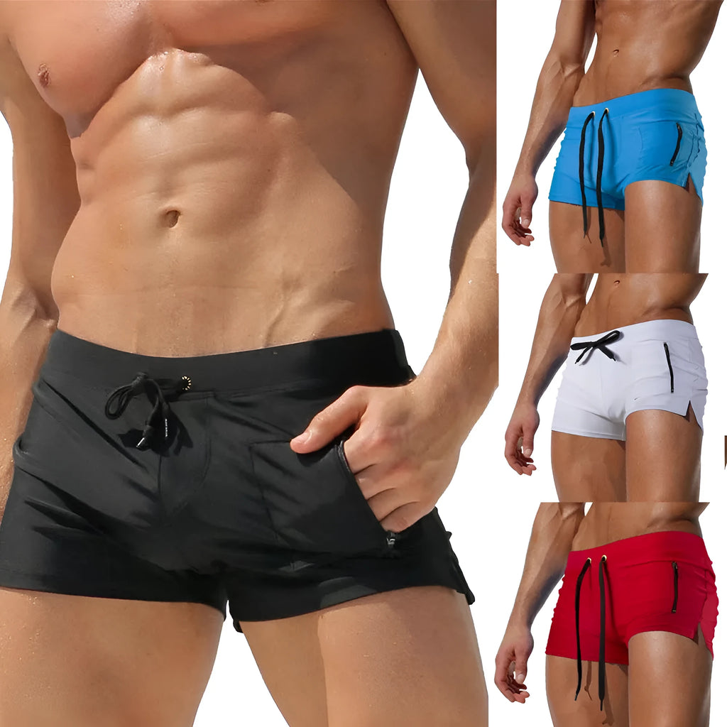 Men's black high-waist swimming trunks with a lace-up front and briefs style.