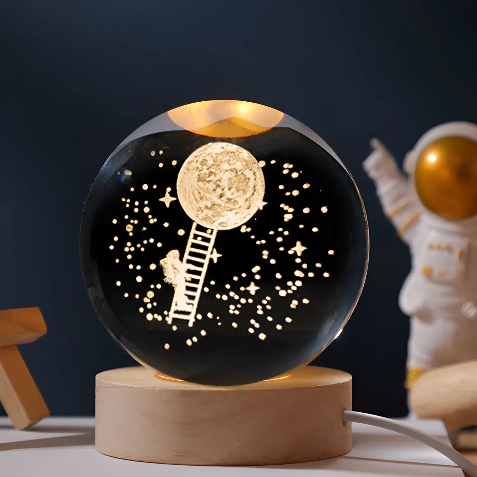 Luminous crystal ball desktop decoration on wooden base with starry sky projection effect