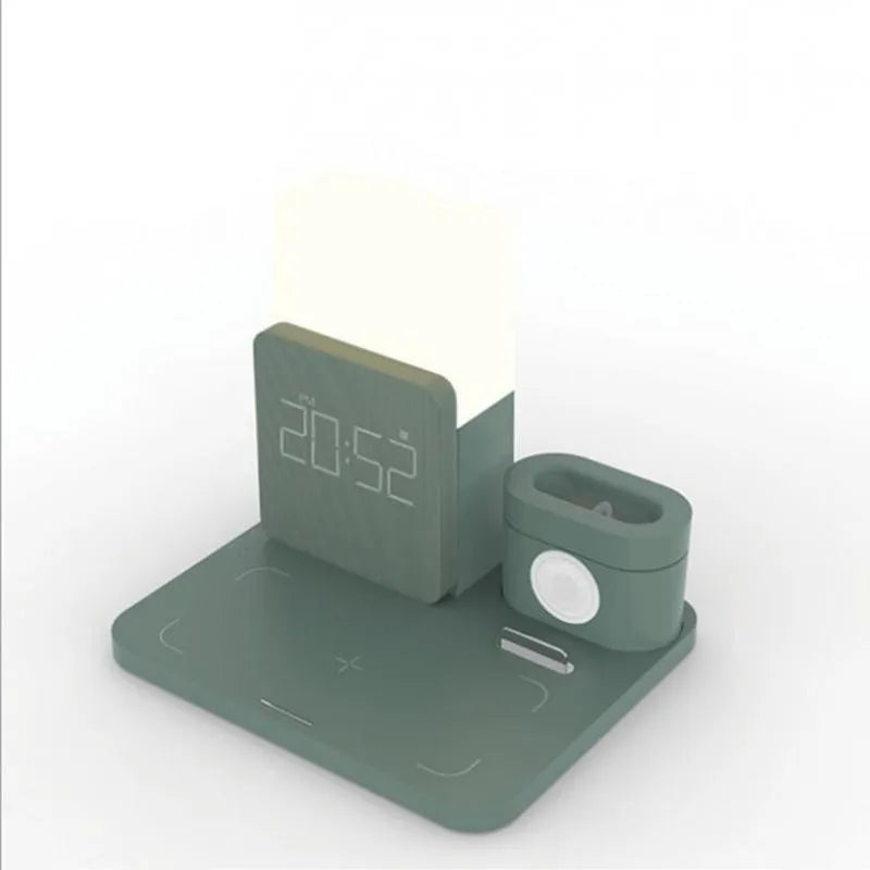 3-in-1 Qi wireless charging stand in dark green colour with phone, earbuds and smartwatch charging simultaneously