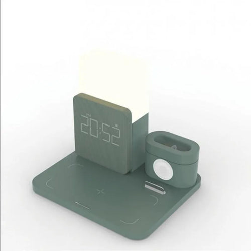 3-in-1 Qi wireless charging stand in dark green colour with phone, earbuds and smartwatch charging simultaneously