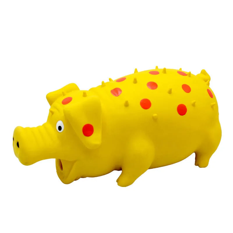 Pig-shaped latex dog chew toy with squeaker in various colours, 20cm long