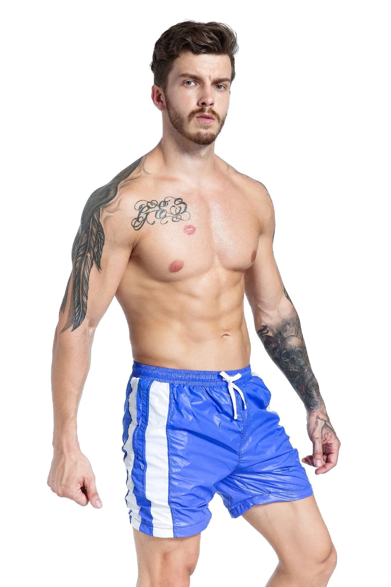 Blue men's lace-up sports shorts with slim fit and padding on a white background
