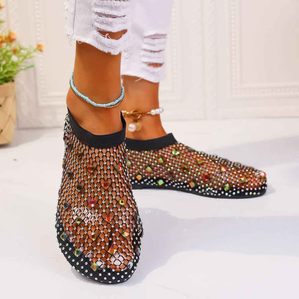 Women's colourful rhinestone mesh flat sandals with round toe and medium height upper