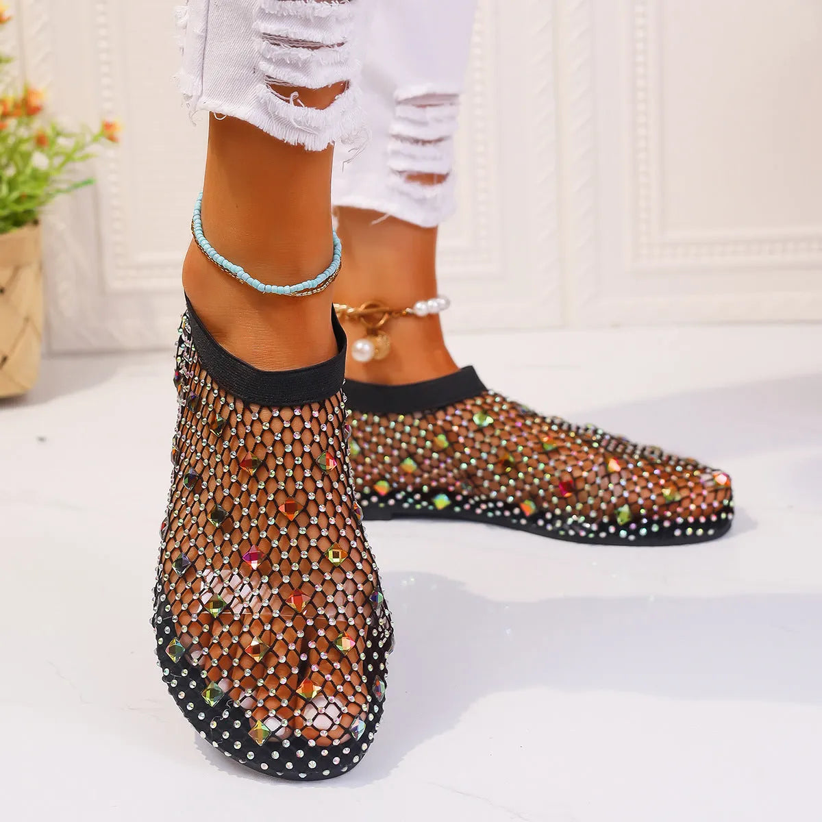 Women's colourful rhinestone mesh flat sandals with round toe and medium height upper