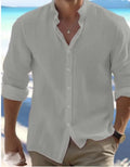 Men's light grey long-staple cotton pullover shirt on a hanger