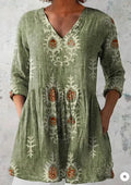 Women's printed wave pattern loose dress with 3/4 sleeves and wide waist design in polyester fabric