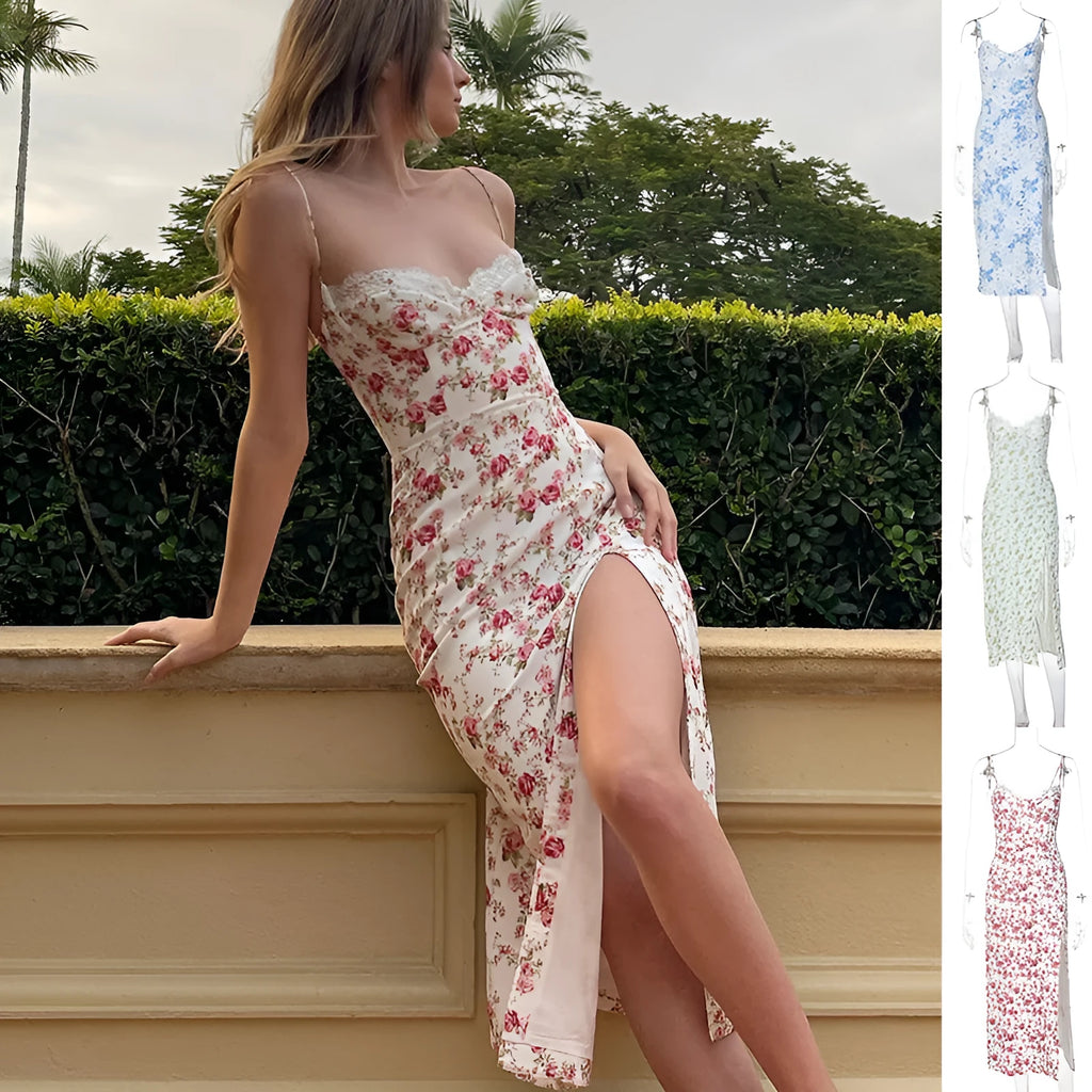 Women's blue long dress with white lace flower print, side slit, and thin adjustable suspender straps.