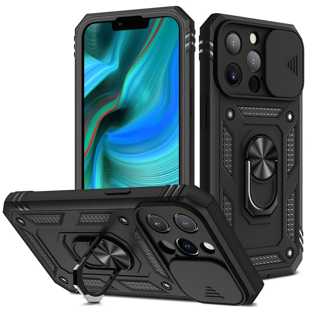 Magnetic mobile phone case with sliding window bracket in sapphire blue and grey green for Apple iPhone