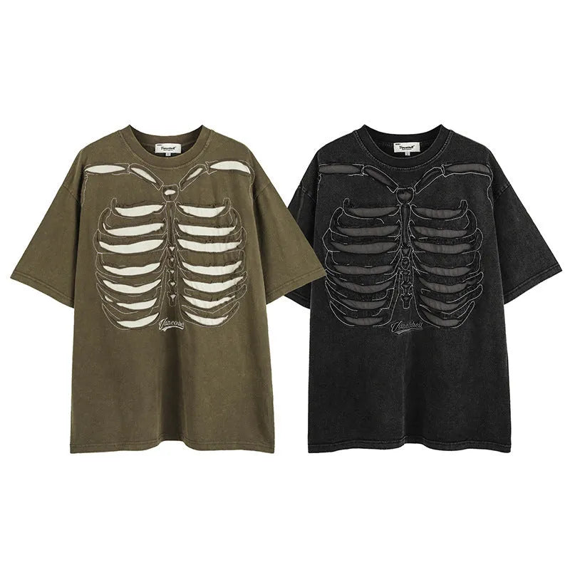 Skull print loose fit cotton T-shirt on hanger, black and brown options
