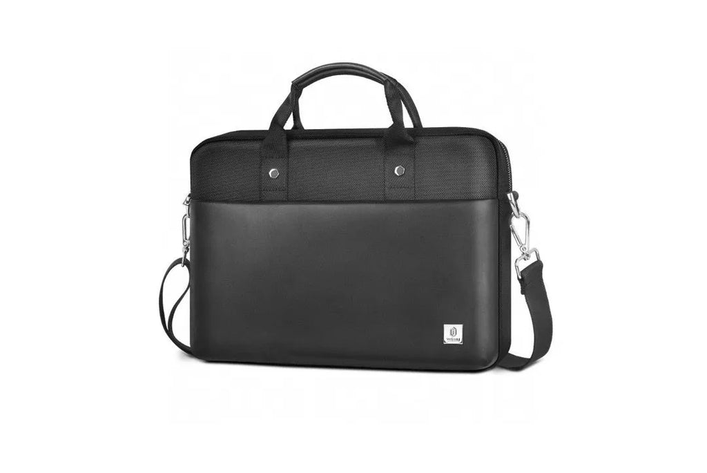 Black Oxford cloth laptop backpack showing multiple pockets, a lock, and padded laptop compartment.