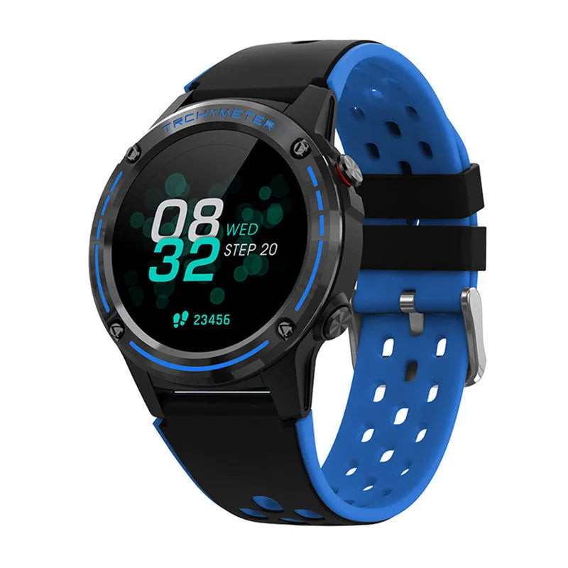 Outdoor sports smart watch with 1.3-inch screen and blue silicone wrist strap.