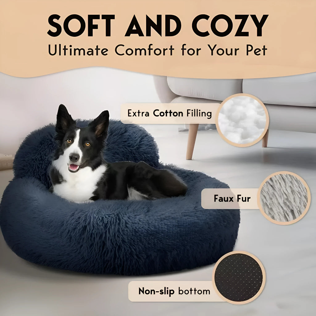 Round plush pet bed with raised backrest in khaki colour, 60cm diameter, suitable for small dogs and cats