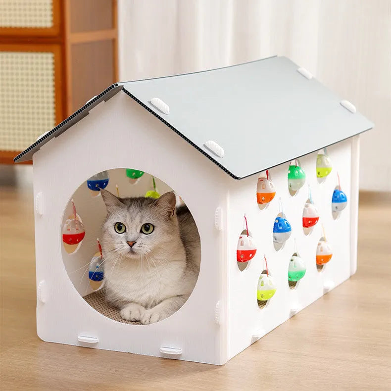Plastic cat scratch board nest with hanging bell ball toy and tunnel passage