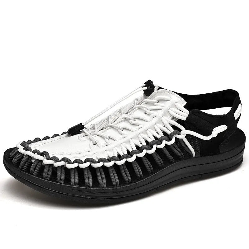 Elastic drawstring woven sandals in rainbow colour with rubber sole and baotou front design