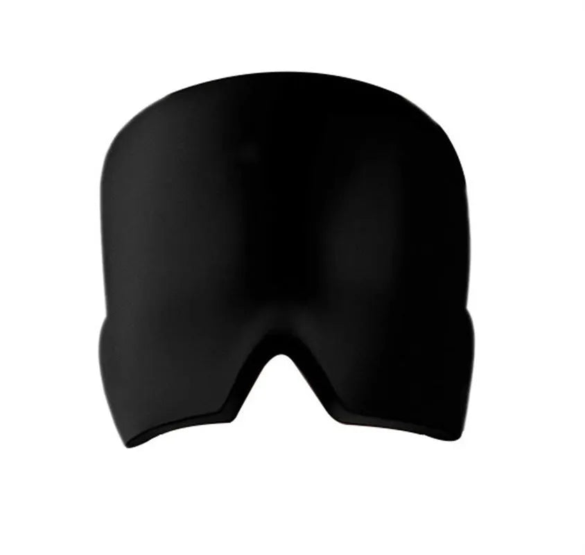 Black reusable gel ice mask for eyes and forehead on a white background