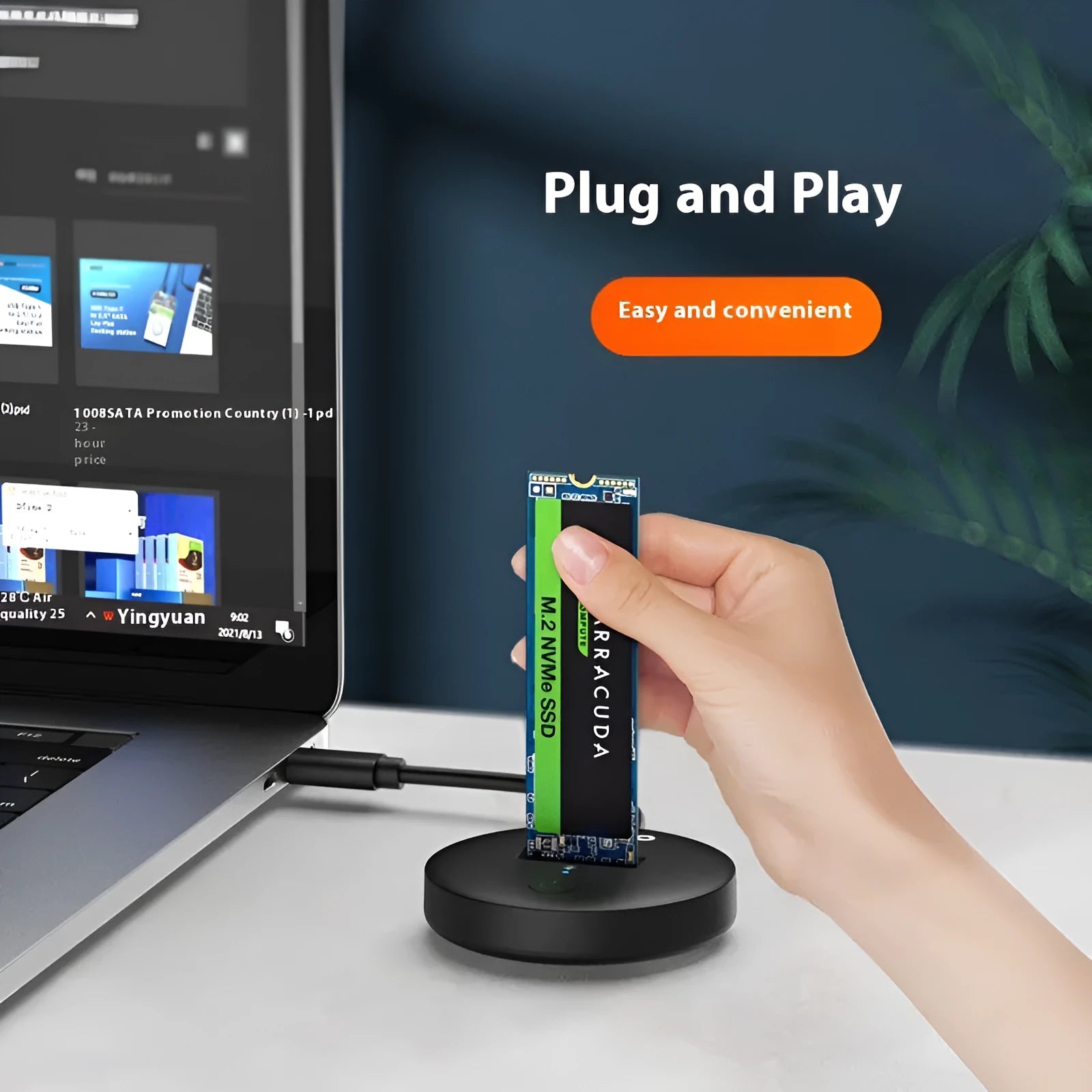 Black external hard disk enclosure for NVME SSDs with Type-C port and fixed design