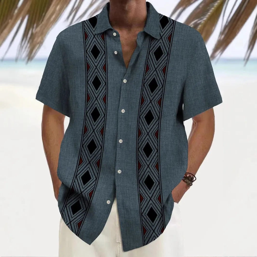 Men's multicolour printed loose fit leisure shirt in polyester fabric with cardigan style front