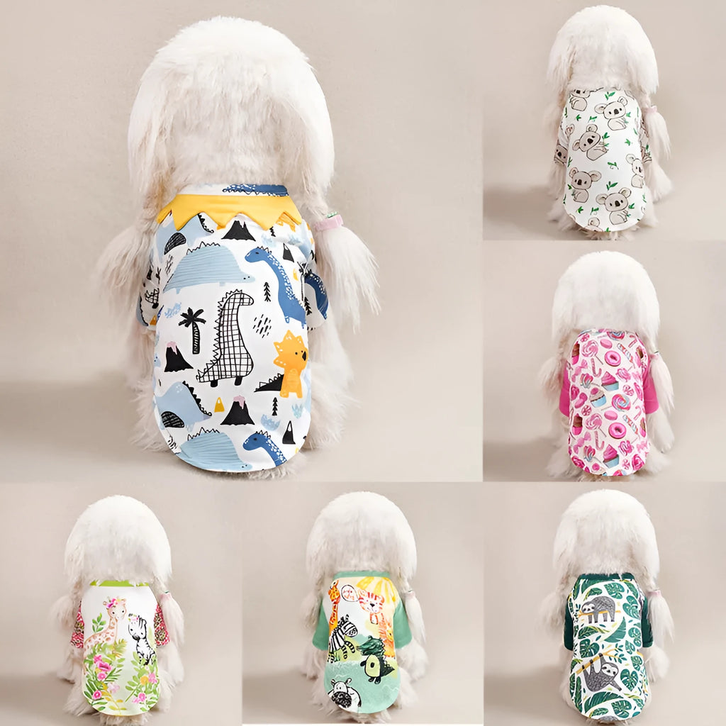 Full-print polyester t-shirt for a small dog, shown in one of six colour variants, with size chart for S, M, L, XL, XXL.
