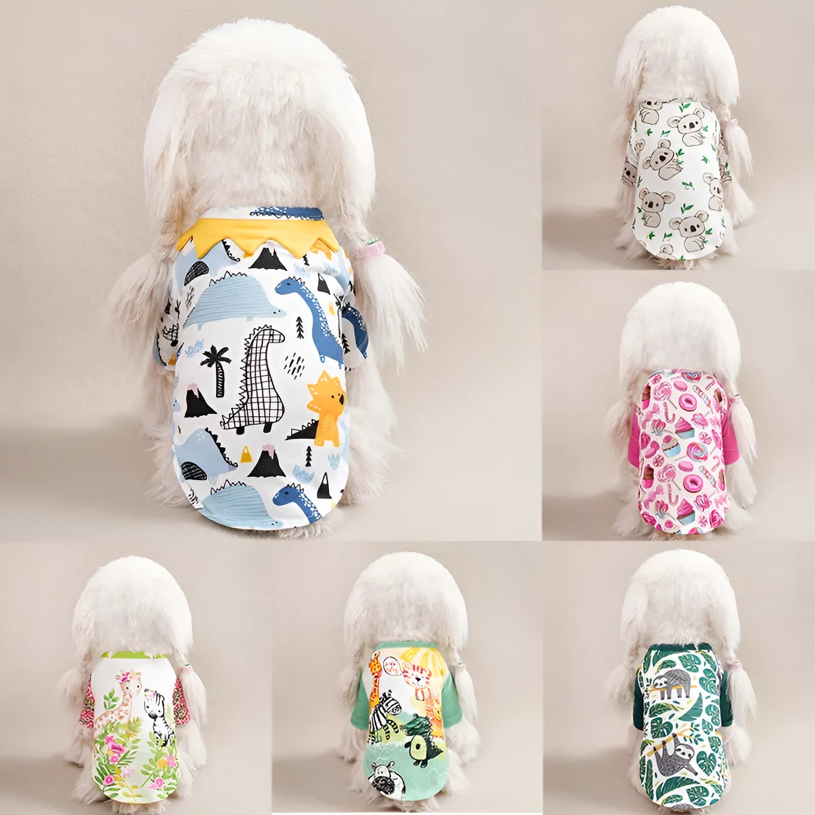 Full-print polyester t-shirt for a small dog, shown in one of six colour variants, with size chart for S, M, L, XL, XXL.