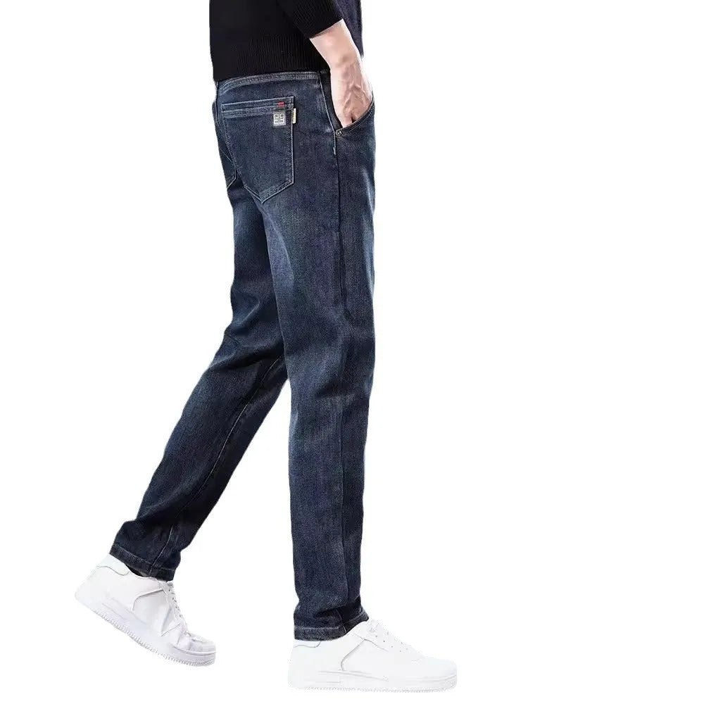 Slim straight casual trousers in blue grey colour with mid-waist design and micro-elastic fabric